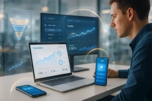 B2B SaaS analytics dashboard with app traffic insights and conversion metrics on laptop and mobile.