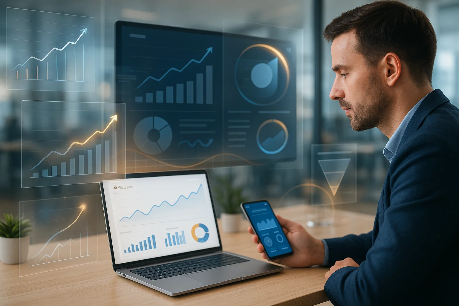 Marketing professional reviewing B2B SEO analytics dashboard with traffic growth charts.