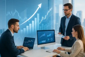 Forex team analyzing market growth and reviewing trading charts together in the office.