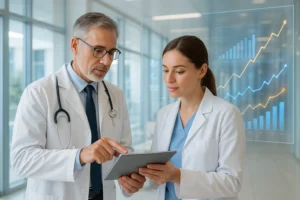 Doctors reviewing digital medical report with clinic analytics and performance charts.