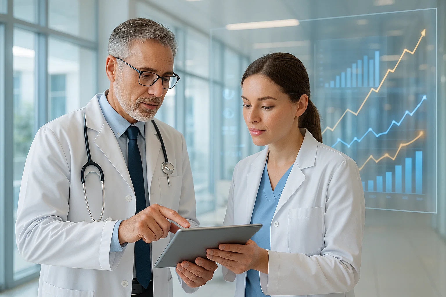 Doctors reviewing digital medical report with clinic analytics and performance charts.