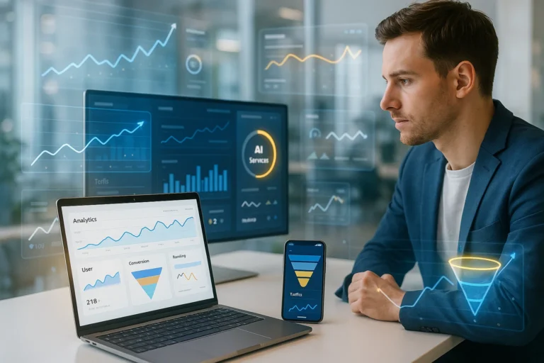 SEO analytics data visualization with charts and conversion funnel on laptop and phone.