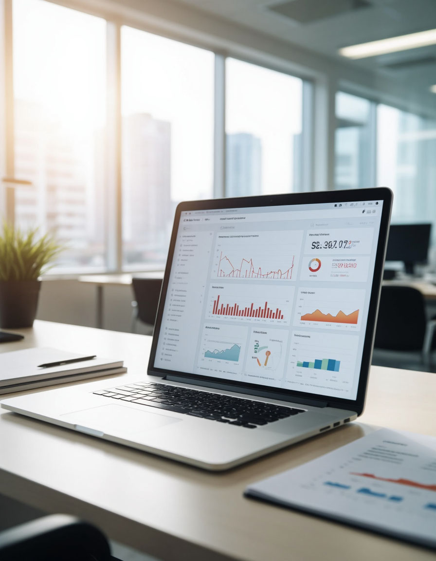 Analyst's workplace: a laptop with a dashboard for monitoring SEO traffic indicators against the background of an office environment with natural lighting and decorative elements.
