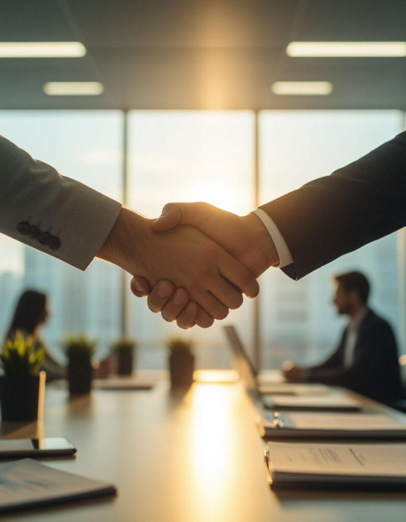 A business handshake at a meeting of SEO and digital marketing experts in Zurich is a symbol of successful cooperation.