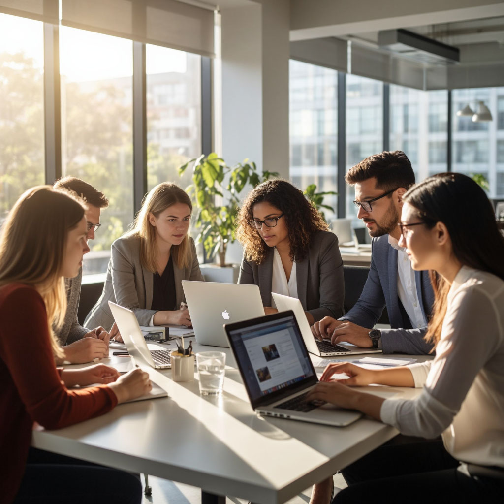 A team of SEO specialists discusses a client's promotion strategy while sitting with laptops in an office setting.